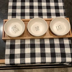 Rae Dunn "Taste, Eat, Dip" Ceramic Wood Serving Bowls Dish Tray Set